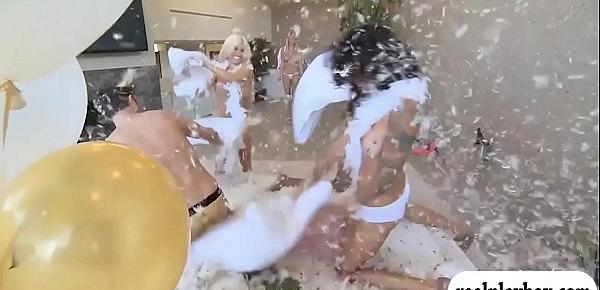  Two massive boobies women pillow fighting with men